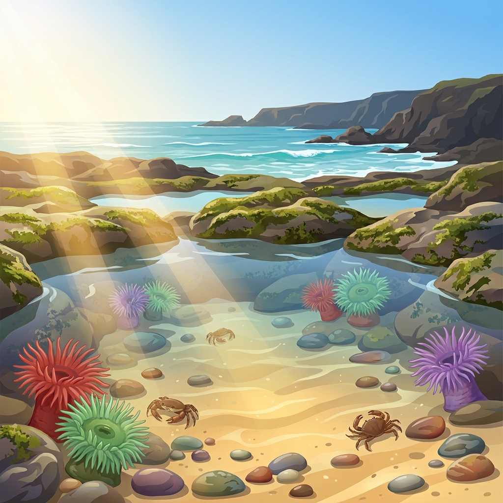 Sunlight warms the surface of a coastal tide pool. The light energy from the sun moves through the air and is absorbed by.