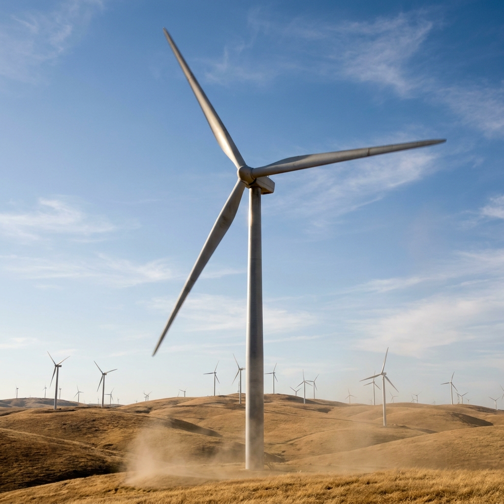 In the Altamont Pass, wind pushes a turbine blade. The wind has kinetic energy, and it transfers that energy to the blade.