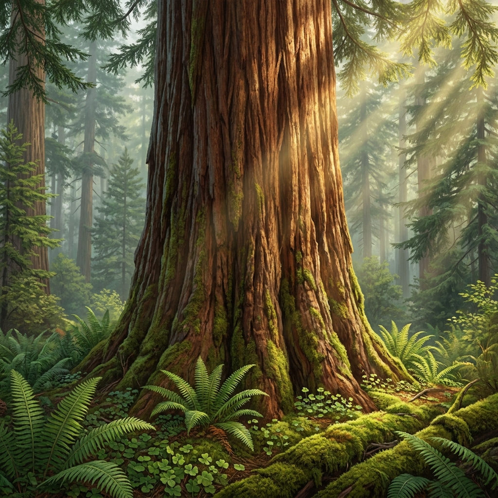 A Coastal Redwood tree in California uses sunlight to build its massive body. This is photosynthesis because it takes in.