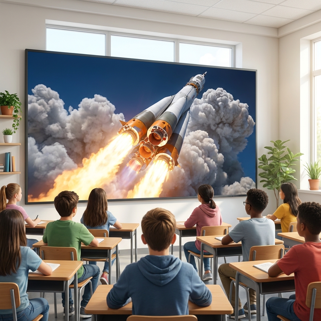 Imagine a presentation on space exploration. The speaker uses a video clip of a rocket launch. The video shows the fire and.