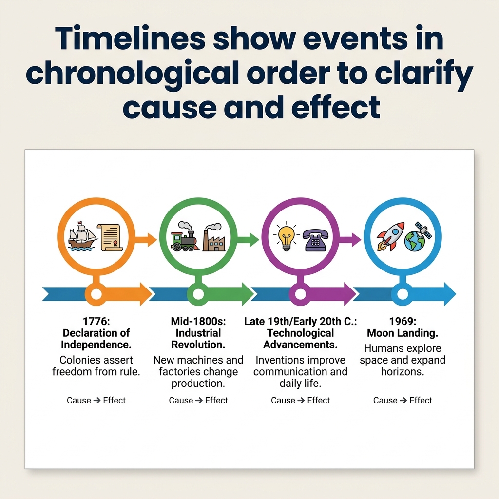 Timelines are a powerful tool for history projects. A timeline shows events in chronological order, which helps the audience.