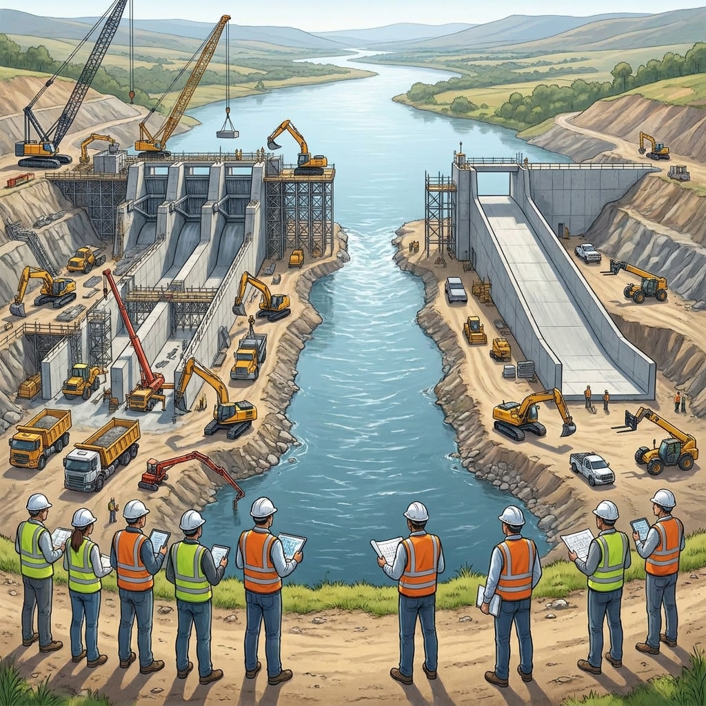 Engineers proposed two designs to fix the spillway. Design 1 has a high flow capacity but takes 2 years to build. Design 2.