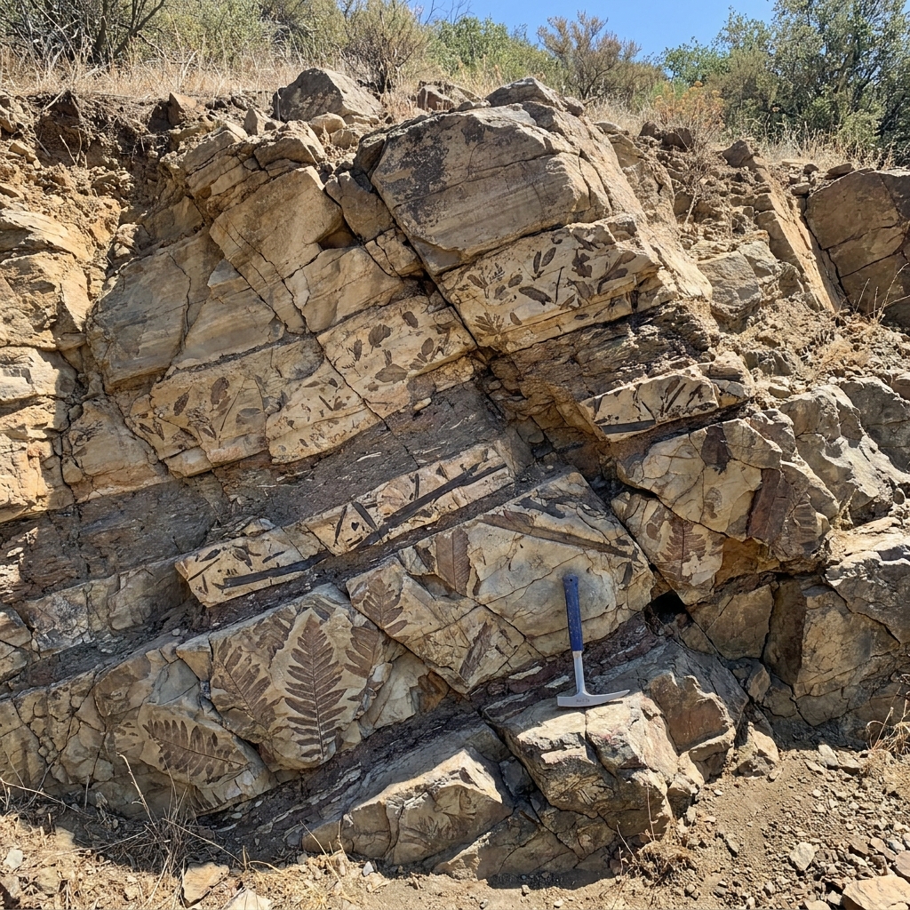 In California, tectonic plate movement shifts Earth's layers. Fossilized plant remains found in these shifting layers.