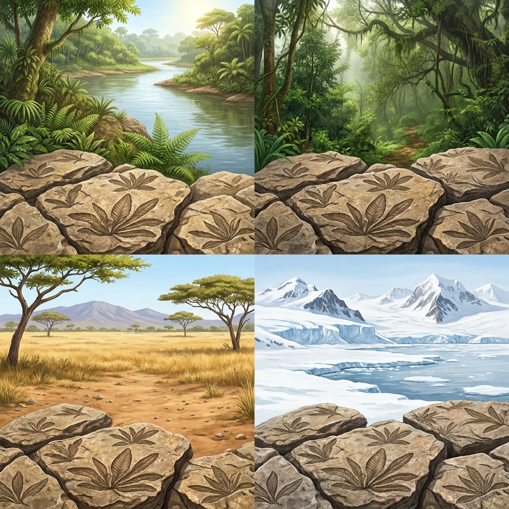 The Glossopteris fern is a plant that lived millions of years ago. Its fossils are found in South America, Africa, India.
