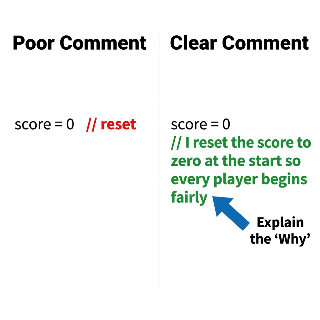 Here is an example of a clear comment. In a game, you have a variable that keeps track of points. You add a comment that.