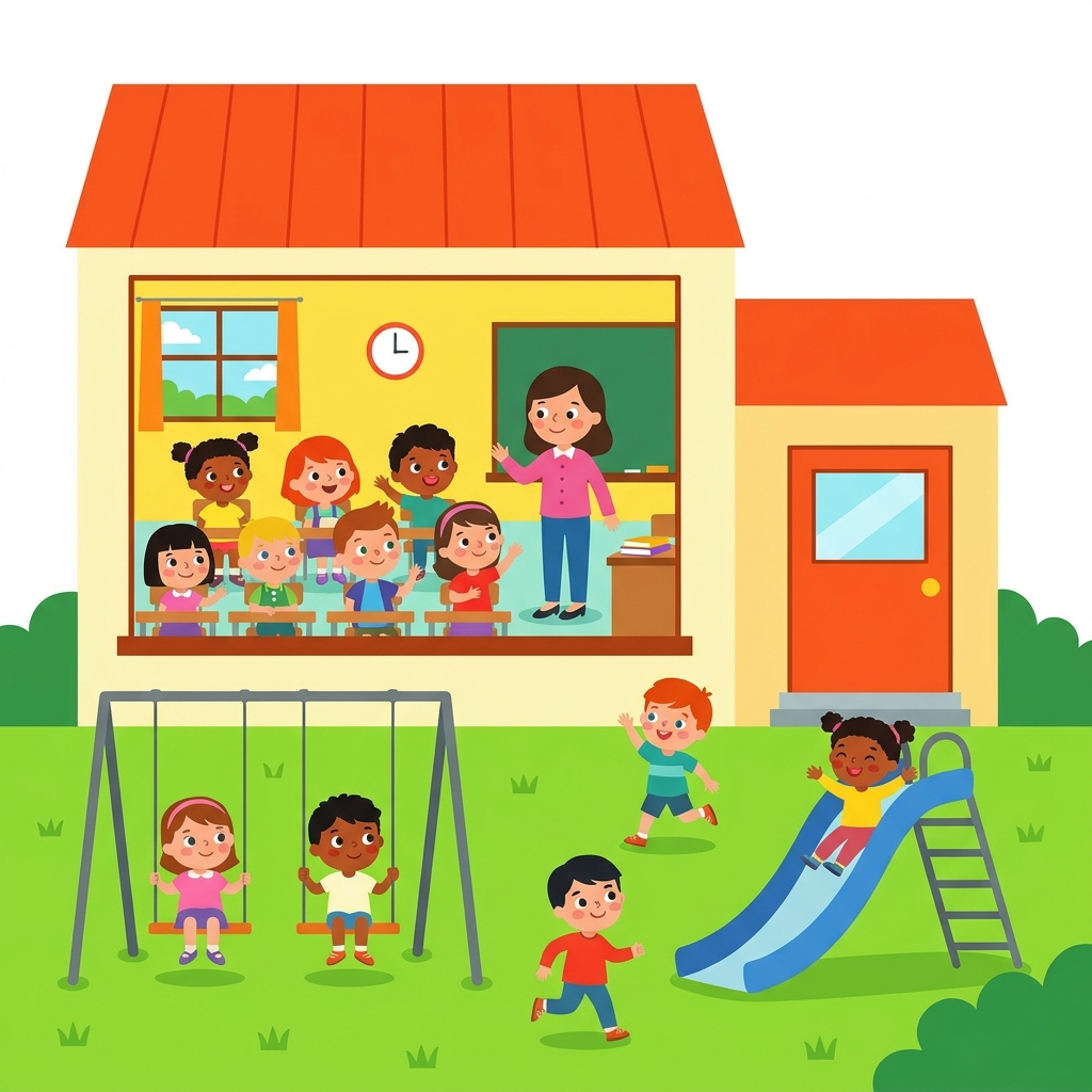 Look at the school. Point to the classroom where we learn. Point to the yard where we play.