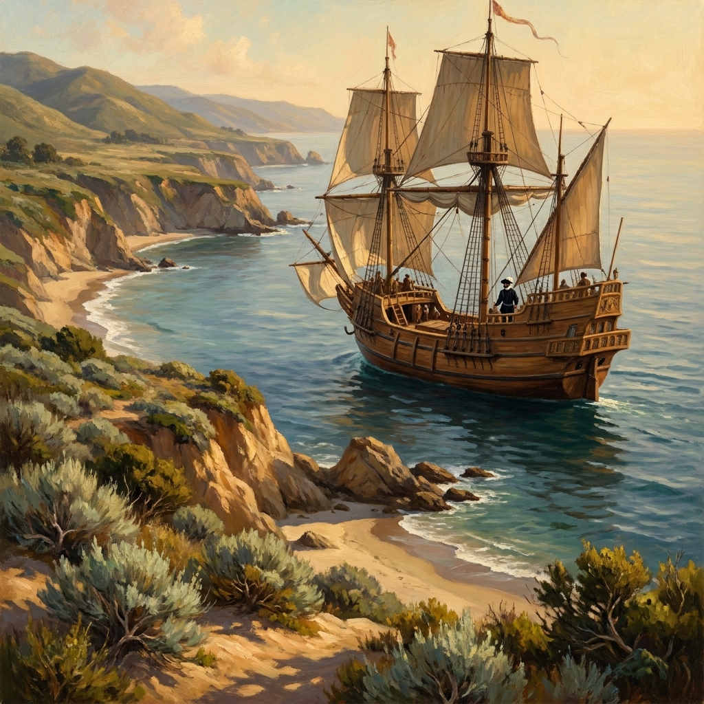 Juan Cabrillo sailed along the California coast. He had to follow the coastline and watch for safe bays to anchor his ship.