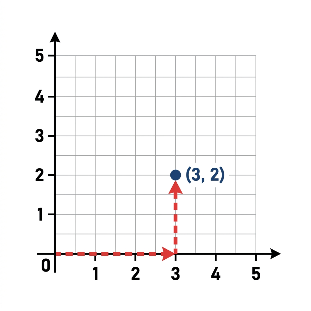 In Quadrant I, both numbers in the ordered pair are positive. For example, the point 3 comma 2 means you move 3 steps right.