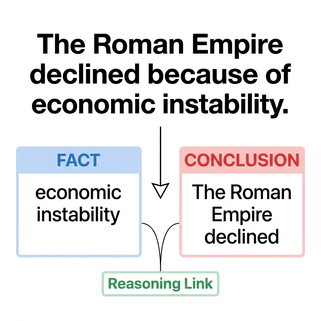 Example 1: A historian writes, 'The Roman Empire declined because of economic instability.' This is a reasoned judgment.
