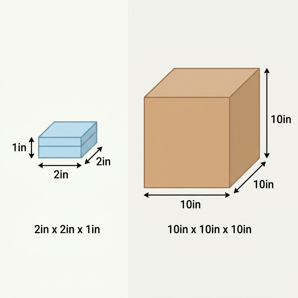 Think about a small jewelry box and a large storage crate. The jewelry box might be 2 inches long, 2 inches wide, and 1 inch.