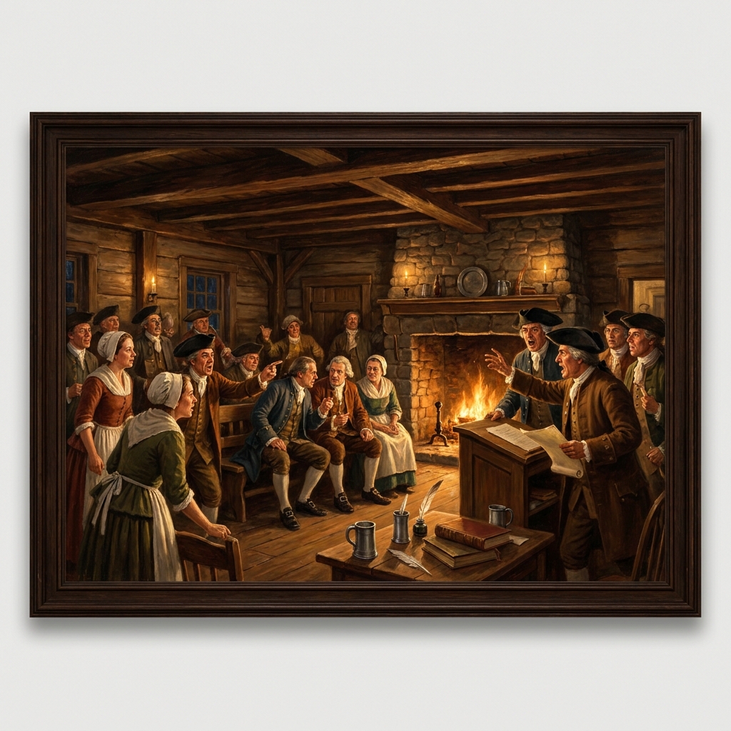 In a colonial town hall meeting, neighbors gathered to debate. Some argued that the British taxes were unfair, while others.