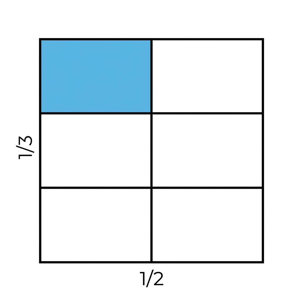 A rectangle has a length of 1/2 and a width of 1/3. Multiplying these gives 1/6. This is an example of area because we are.