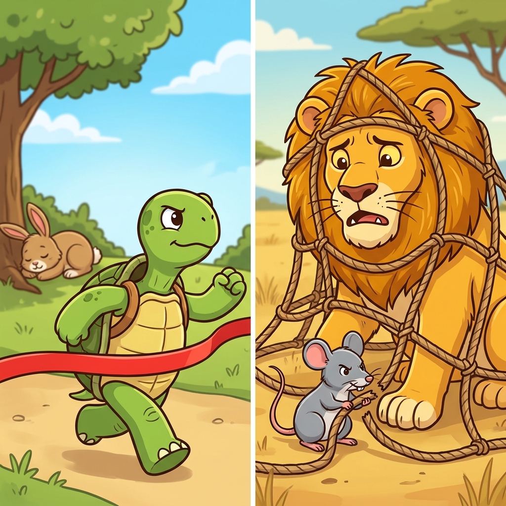 In a folktale, a turtle and a rabbit have a race. The rabbit is fast but takes a nap, while the turtle keeps moving slowly.