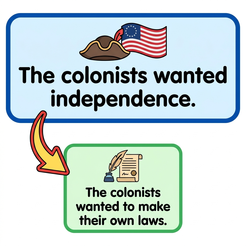 In a textbook about the American Revolution, it says, 'The colonists wanted to make their own laws.' This is a key detail.