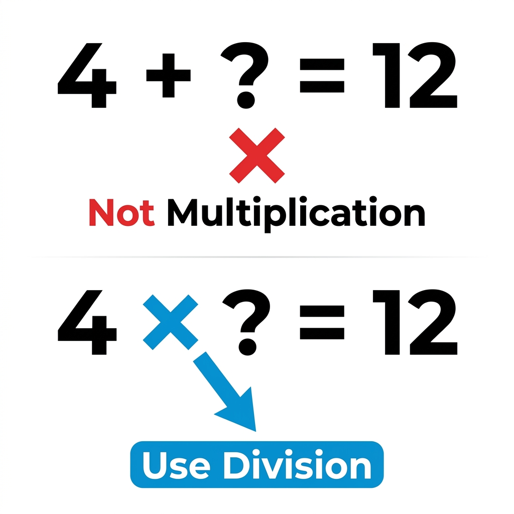 Consider the equation 4 plus an unknown number equals 12. This is not a multiplication equation because it uses addition.