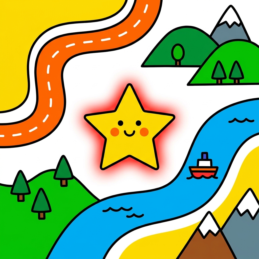 Look at the map with me. This star shows the school. Can you touch the star?