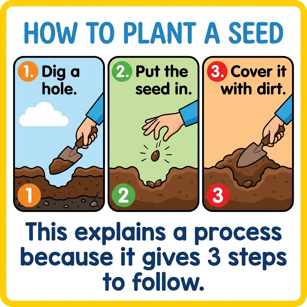 Example one: 'To plant a seed, first dig a hole. Then put the seed in. Finally, cover it with dirt.' This explains a process.