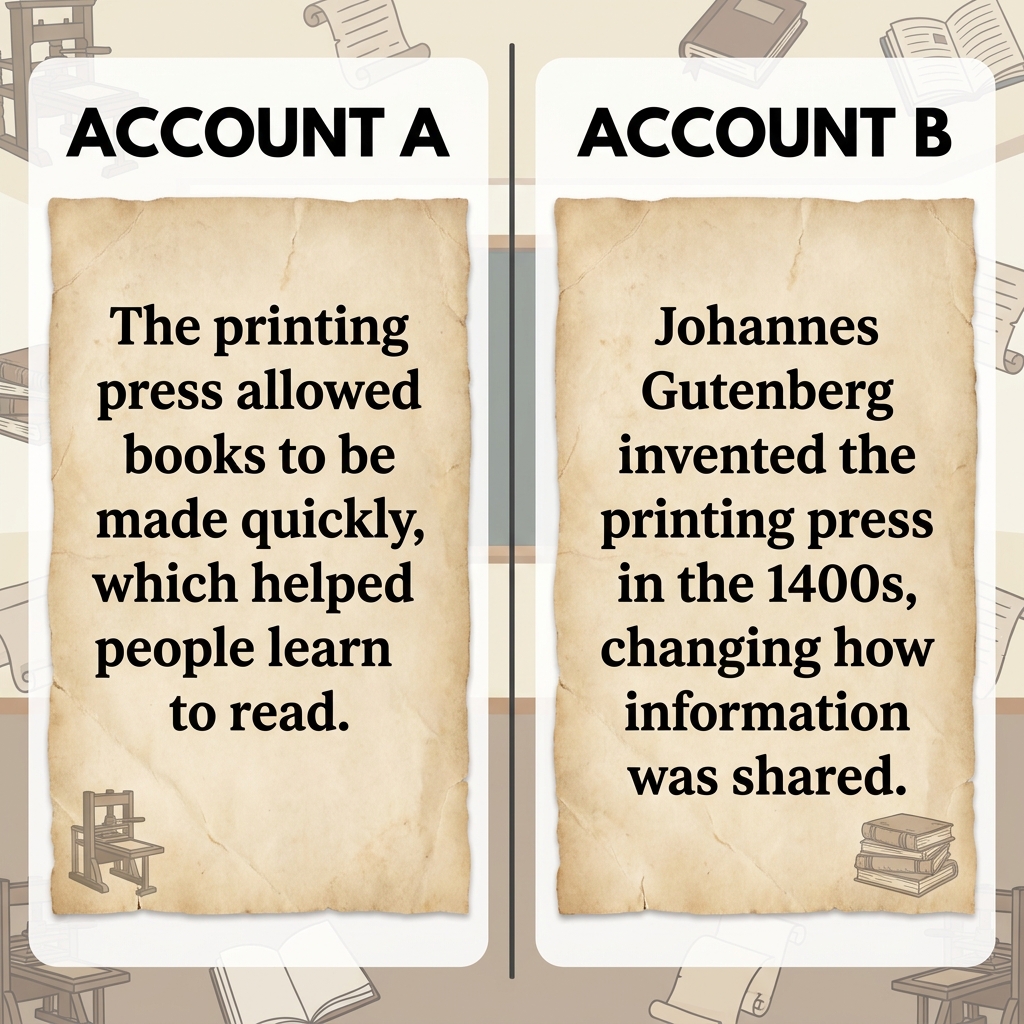 Consider two accounts of the printing press. Account A says: The printing press allowed books to be made quickly, which.