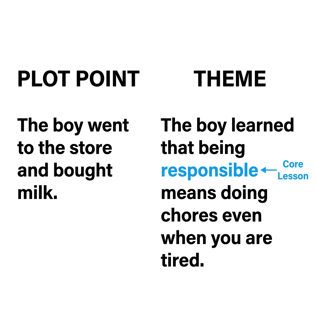 A sentence like 'The boy went to the store and bought milk' is not a theme because it is just a plot point, or a description.