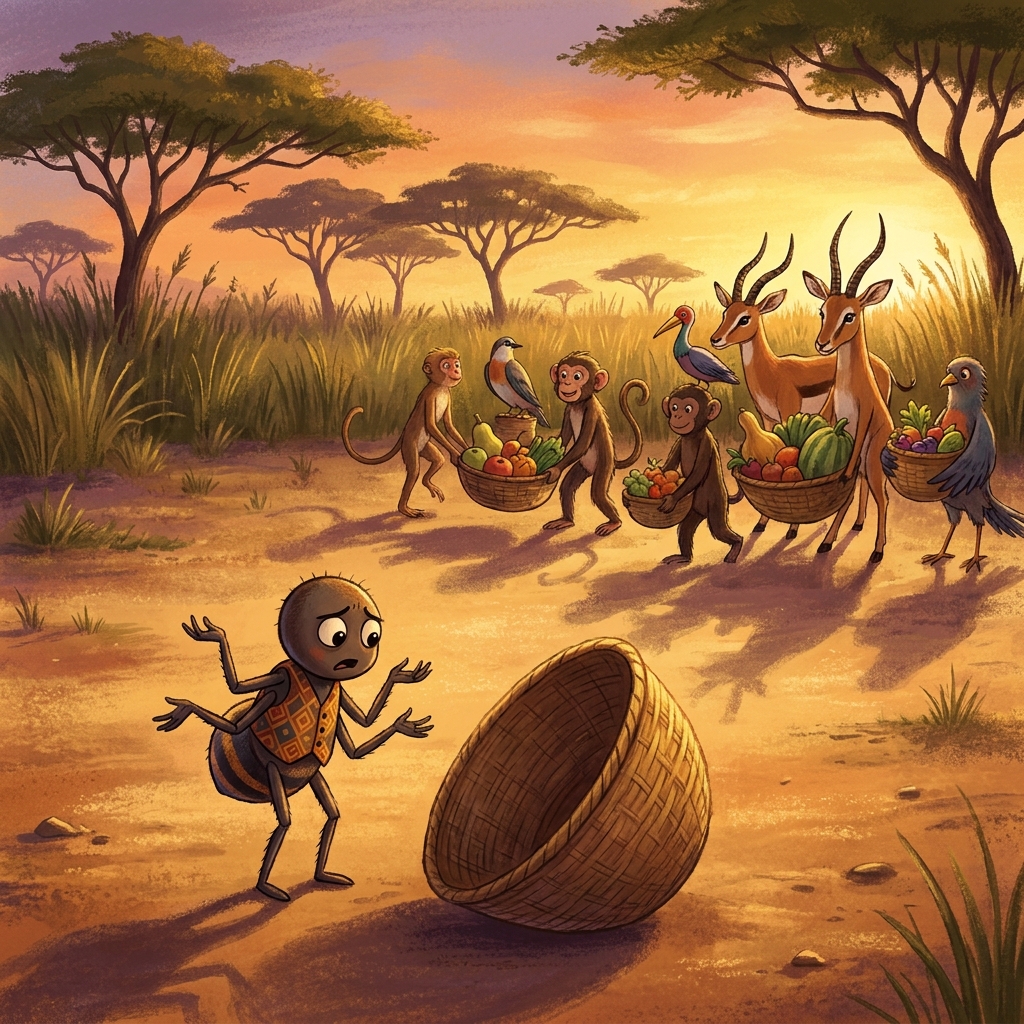 In a story, Anansi the spider tries to trick his friends to get all the food. But his tricks backfire, and he ends up with.