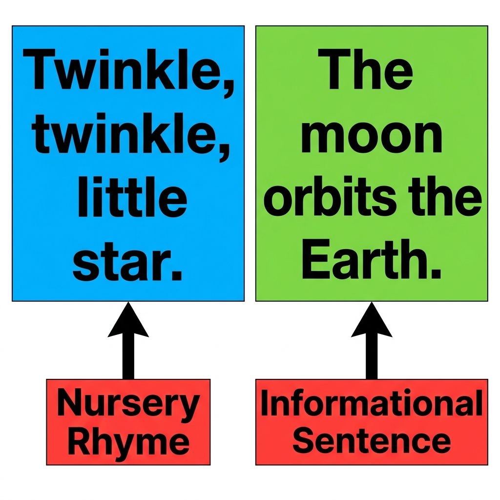 A nursery rhyme book is also not informational. It uses rhyming words for fun. To make it informational, we would change it.