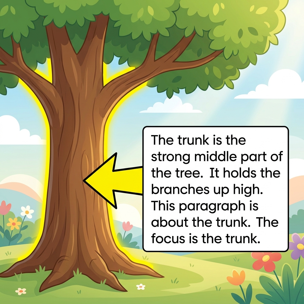 The trunk is the strong middle part of the tree. It holds the branches up high. This paragraph is about the trunk. The focus.