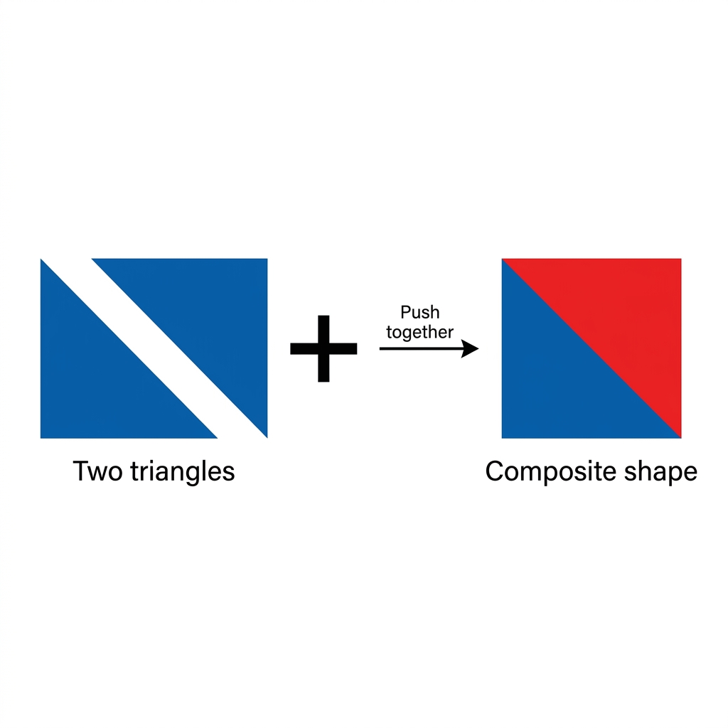 See these two triangles? If you push them together, they make a new shape. They make a square and we call this a composite.