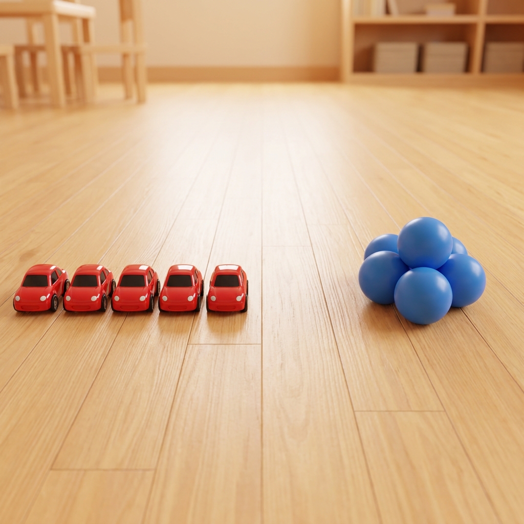 Let us sort these together. We put the red cars in this bucket. We put the blue balls in that bucket. Now we have two groups.
