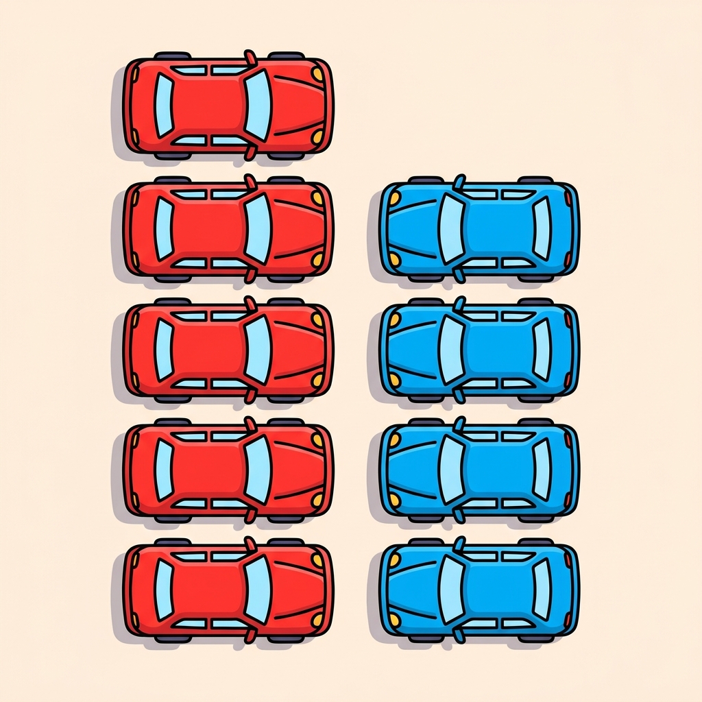 Let us look at the groups. The red group is longer. It has one more car than the blue group.