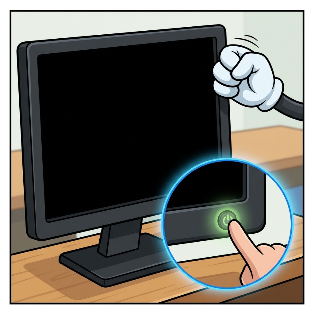 Non-example one: Hitting the monitor when the screen is black. This is not good because it can break the hardware. Instead.