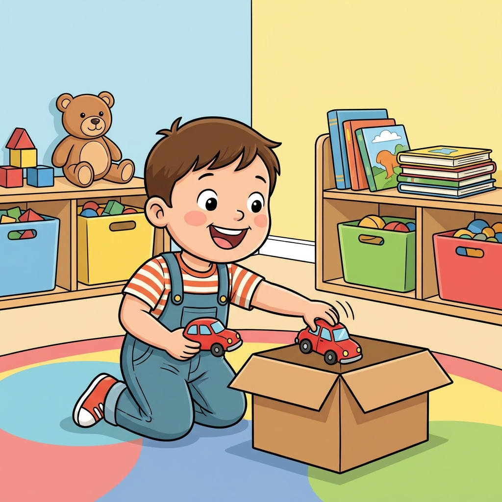 I can show you what to do. First, pick up a toy. Next, put it in the box. I follow the steps one by one.