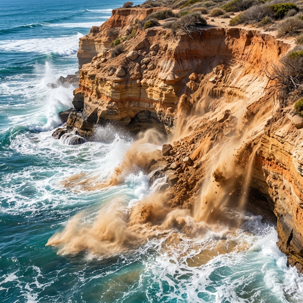 A sandy beach cliff is a great example. When big ocean waves crash against the cliff, they pull sand and dirt into the.
