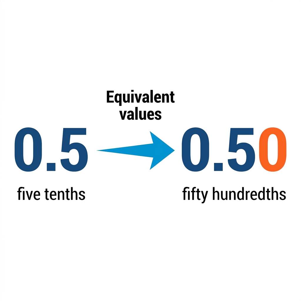 We can write 0.5 as five tenths. We can also write it as fifty hundredths, which is 0.50. Both show the same part of a whole.