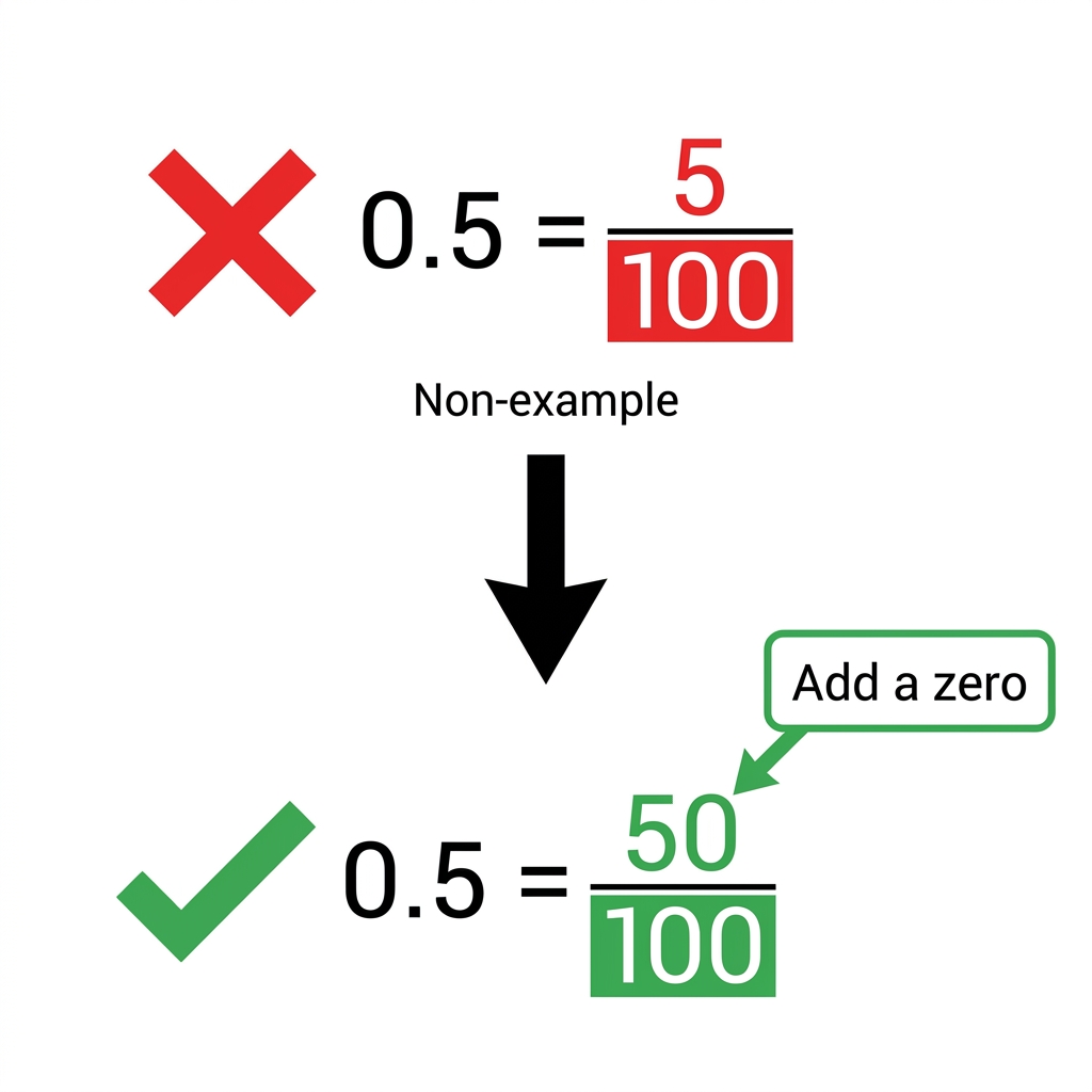 Writing 0.5 as 5/100 is a non-example because 5/100 is 0.05, not 0.5. To fix this, you should write 50/100 to equal 0.5.