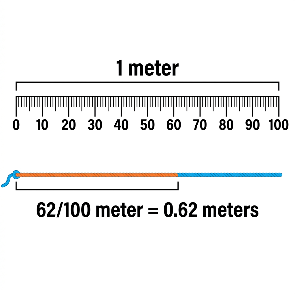 Imagine a string that is 62 centimeters long. Since 100 centimeters make 1 meter, this string is 62/100 of a meter. We can.