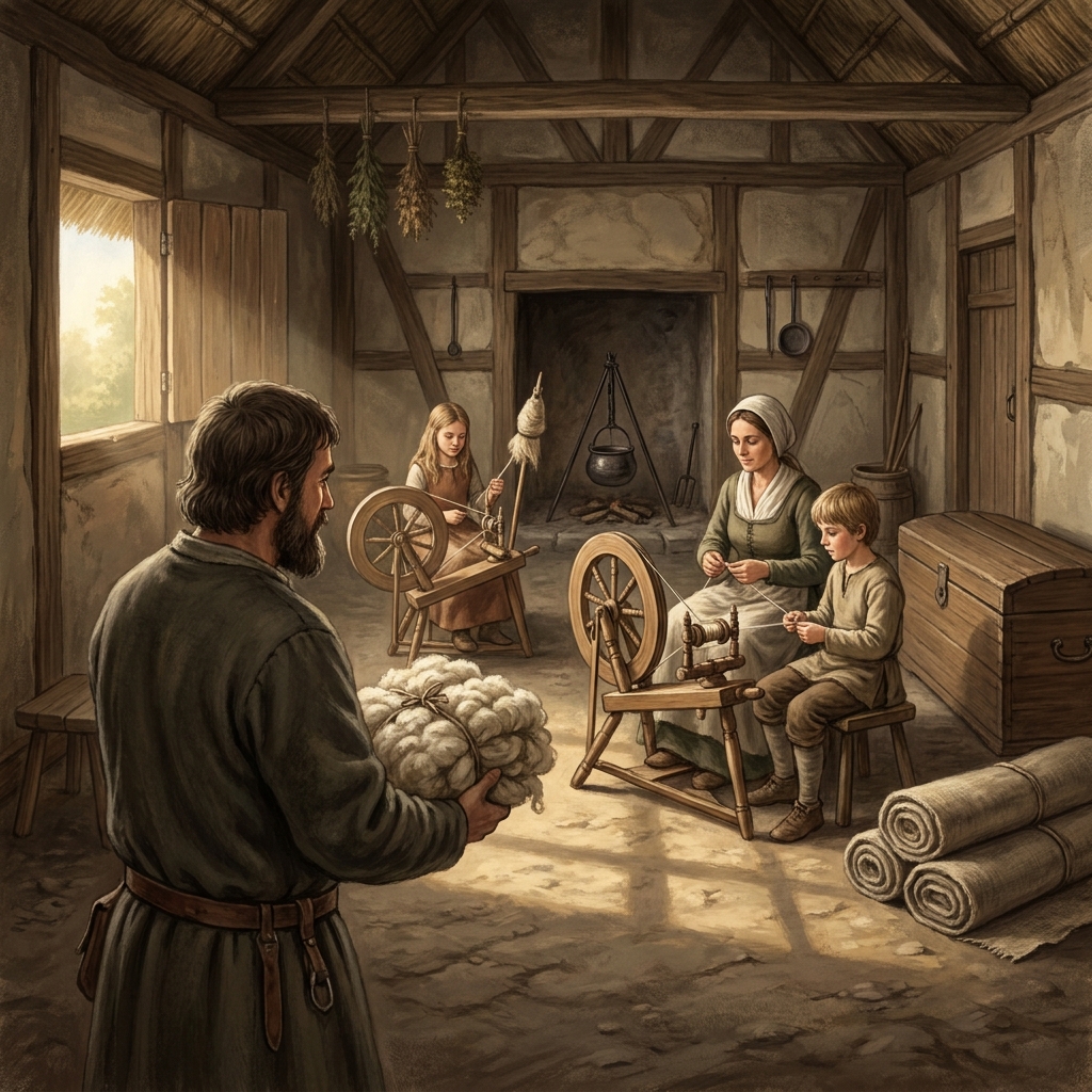In a cottage industry, a merchant brings raw wool to a family. The family spins the wool into cloth in their own home. The.