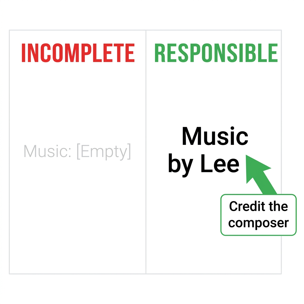 You can also give credit for music. If you use a song by a composer named Lee, you write Music by Lee in your project notes.