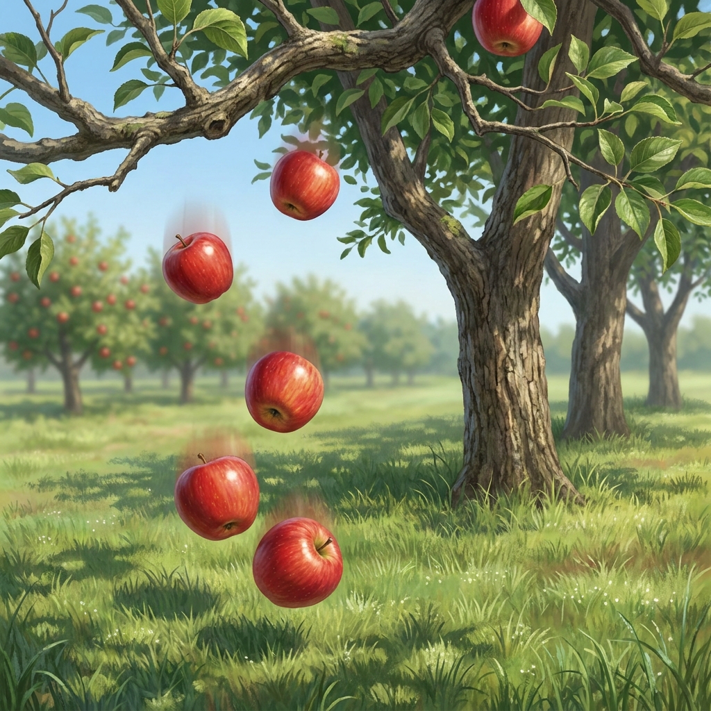 An apple falling from a tree is a classic example of gravity. The Earth pulls the apple down, and the apple pulls the Earth.