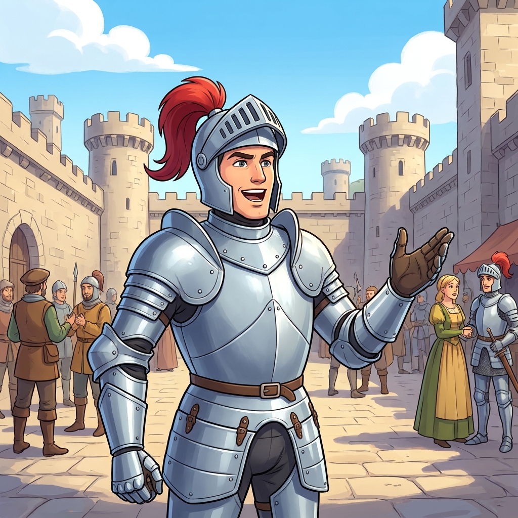 A brave knight says, 'I will save the day!' He speaks loudly and clearly. This shows he is strong and confident.