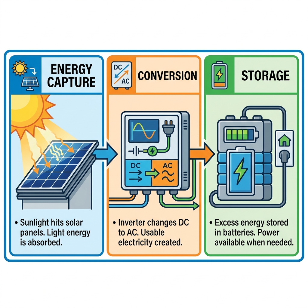 This text has sections: 'Energy Capture', 'Conversion', and 'Storage'. This structure explains how solar panels work from.