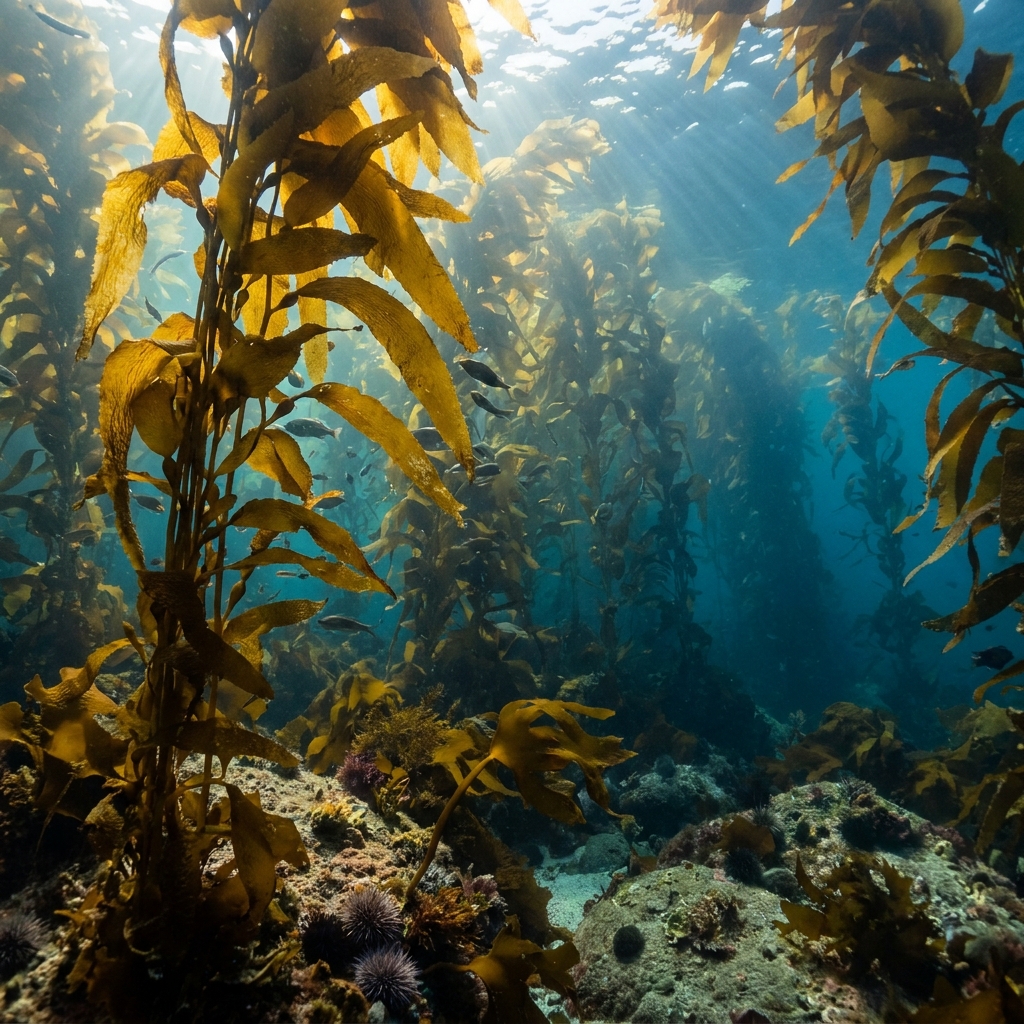 Imagine a kelp forest in the Pacific Ocean. Kelp is a type of algae that performs photosynthesis underwater. It absorbs.