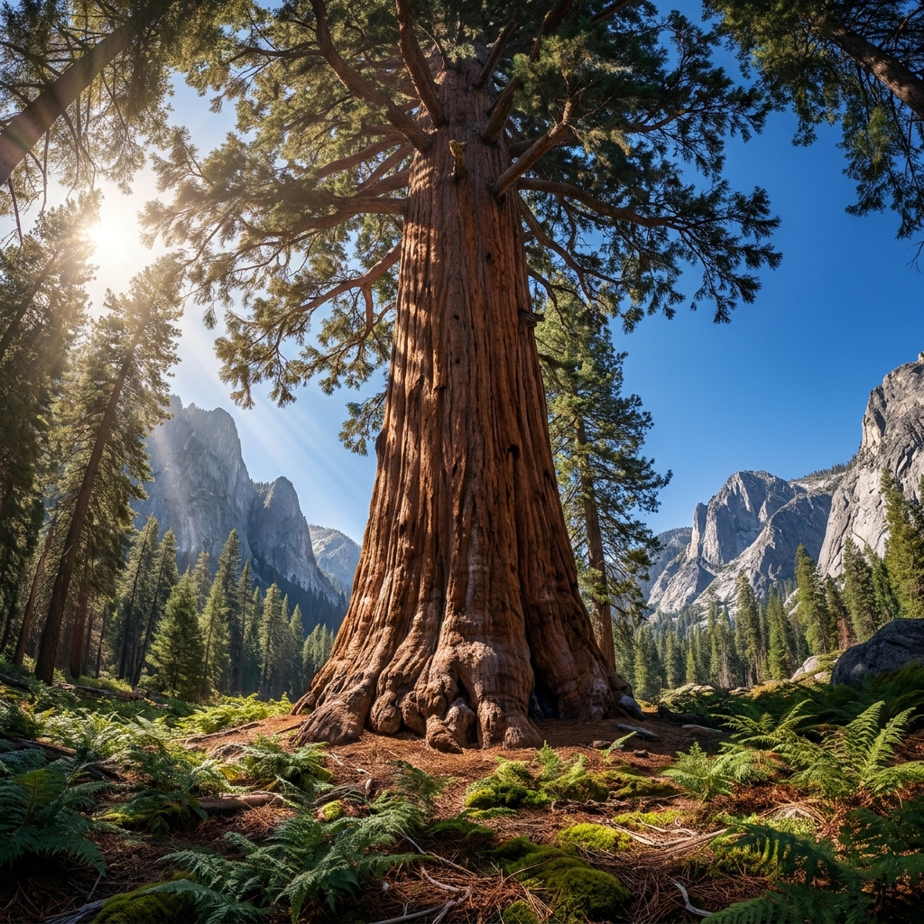 A giant sequoia tree in the Sierra Nevada mountains is a great example. It absorbs sunlight and carbon dioxide from the air.