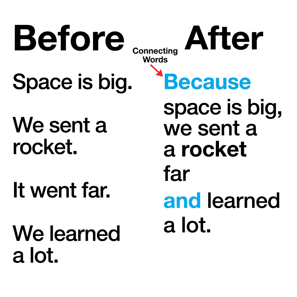 The passage says: 'Space is big. We sent a rocket. It went far. We learned a lot.' Let's see what these clues tell us. These.