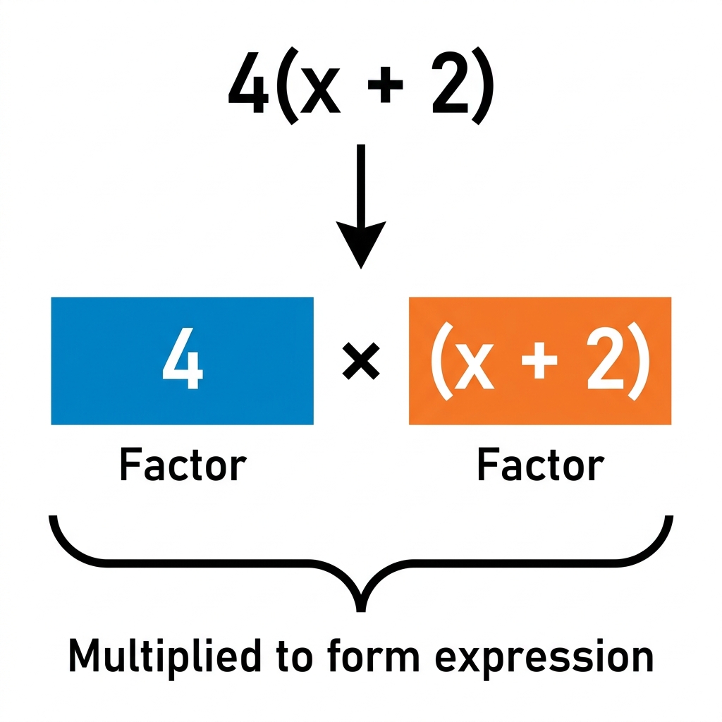 In the expression 4(x + 2), the number 4 is a factor, and (x + 2) is another factor. These two factors are multiplied to.