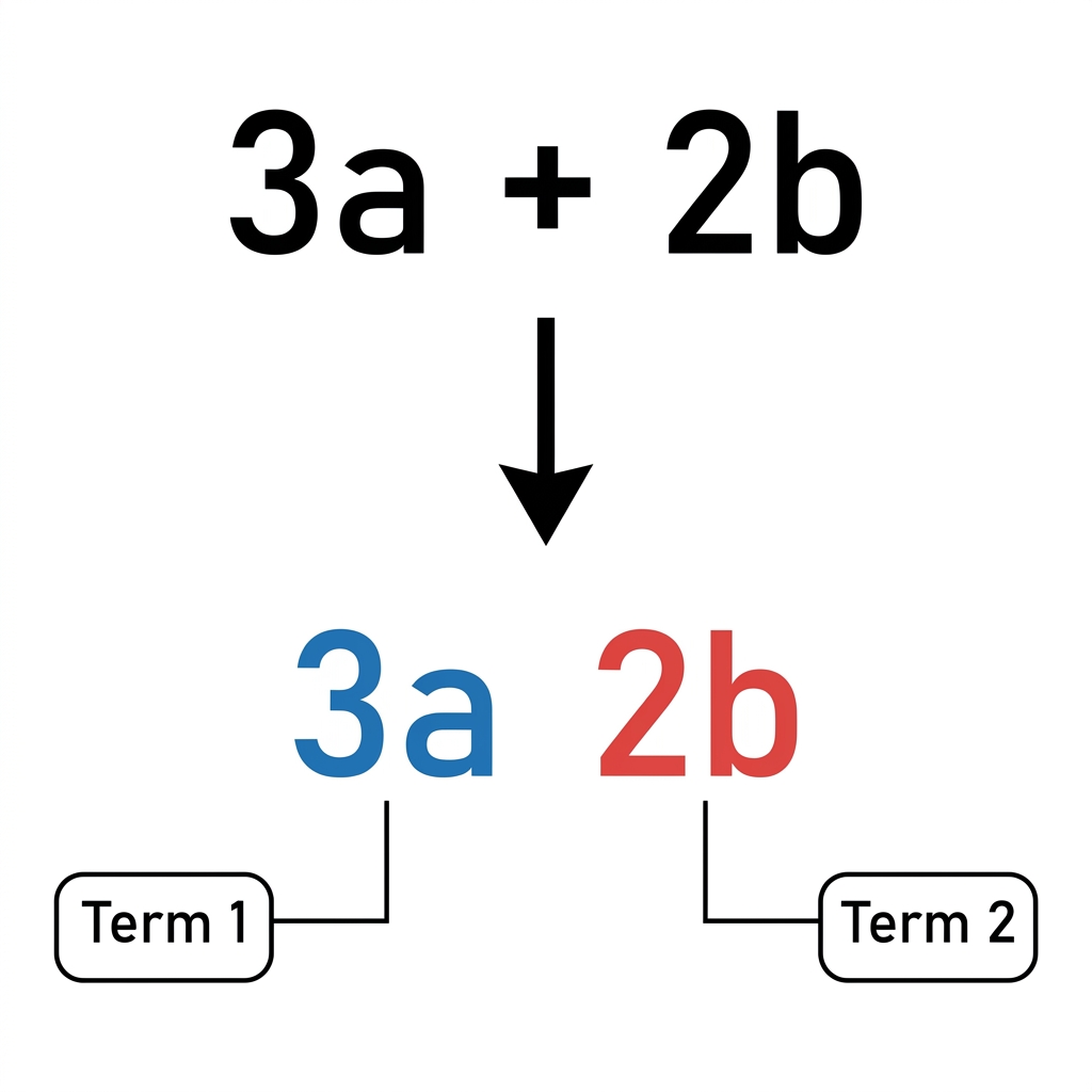 We have 3a + 2b. We want to identify the terms. The terms are 3a and 2b.