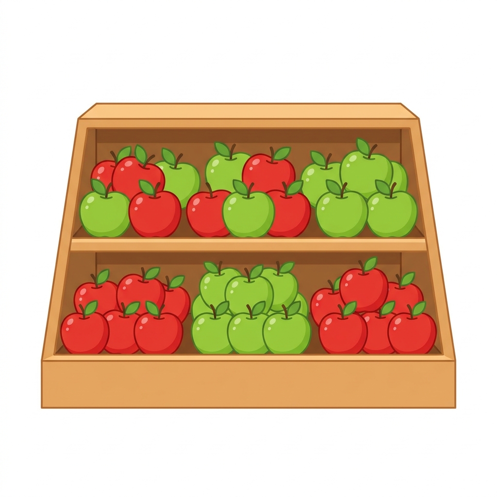 Look at the apples in the store. A worker put them there for us. They help us buy the goods we need.