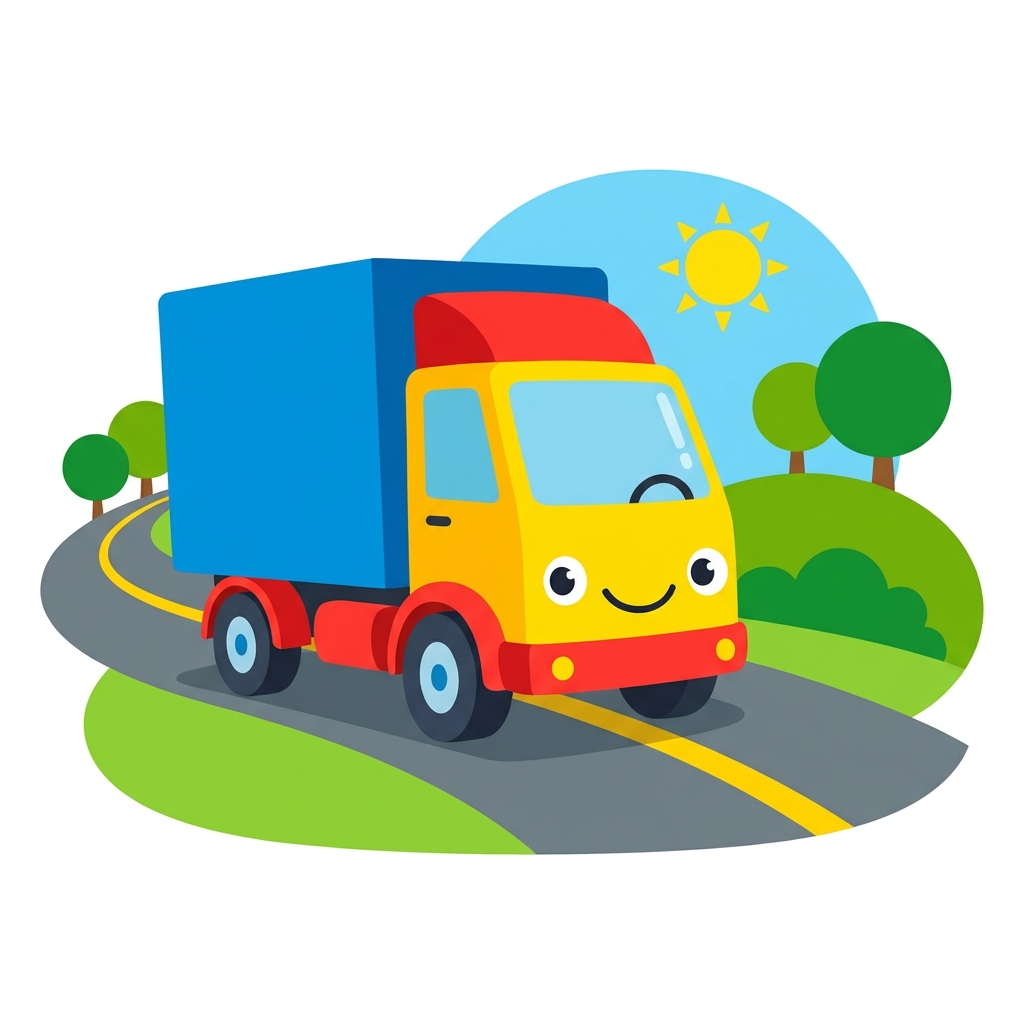 See the big truck move. It carries boxes of things. The driver works to bring them to us. Moving goods is a big job.