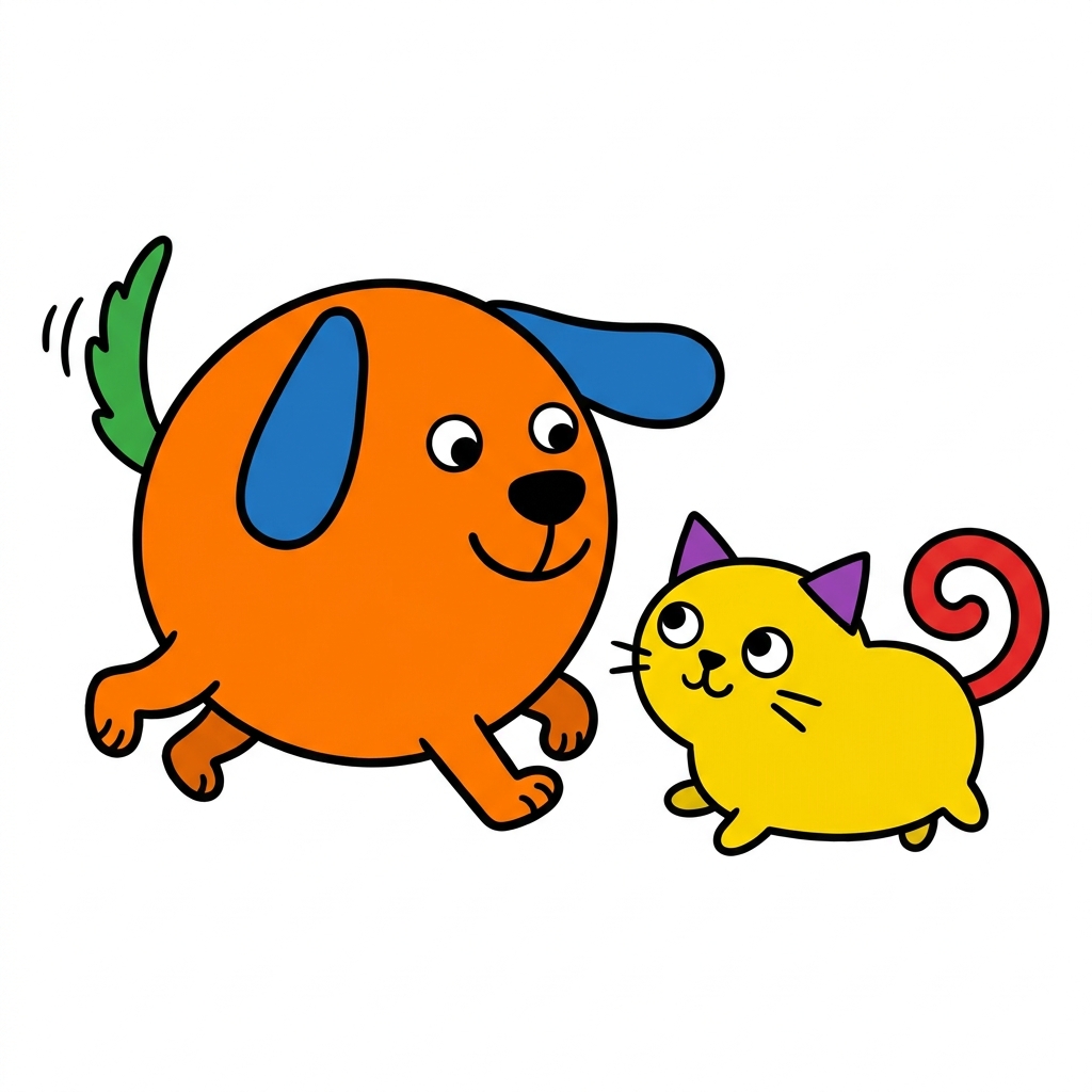 The dog is happy. He wants to play. Let's guess what he does. He runs to the cat!