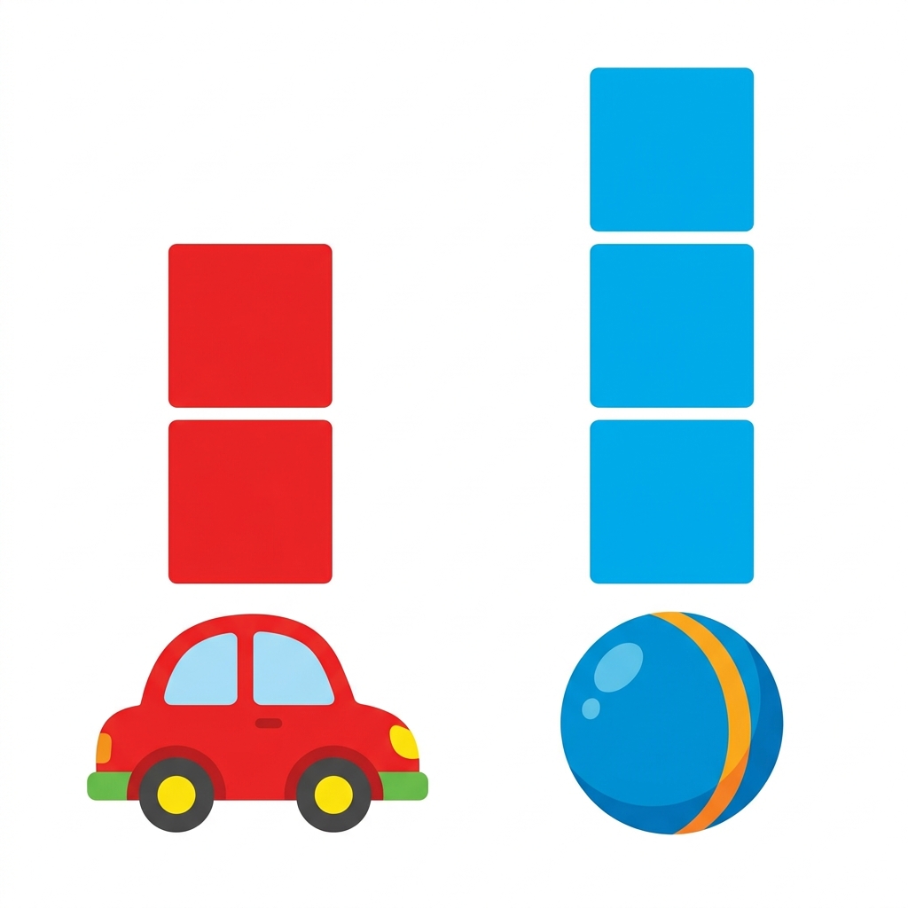 Each box shows one toy. Count the boxes with me. One, two for cars. One, two, three for balls. The chart shows our toys.