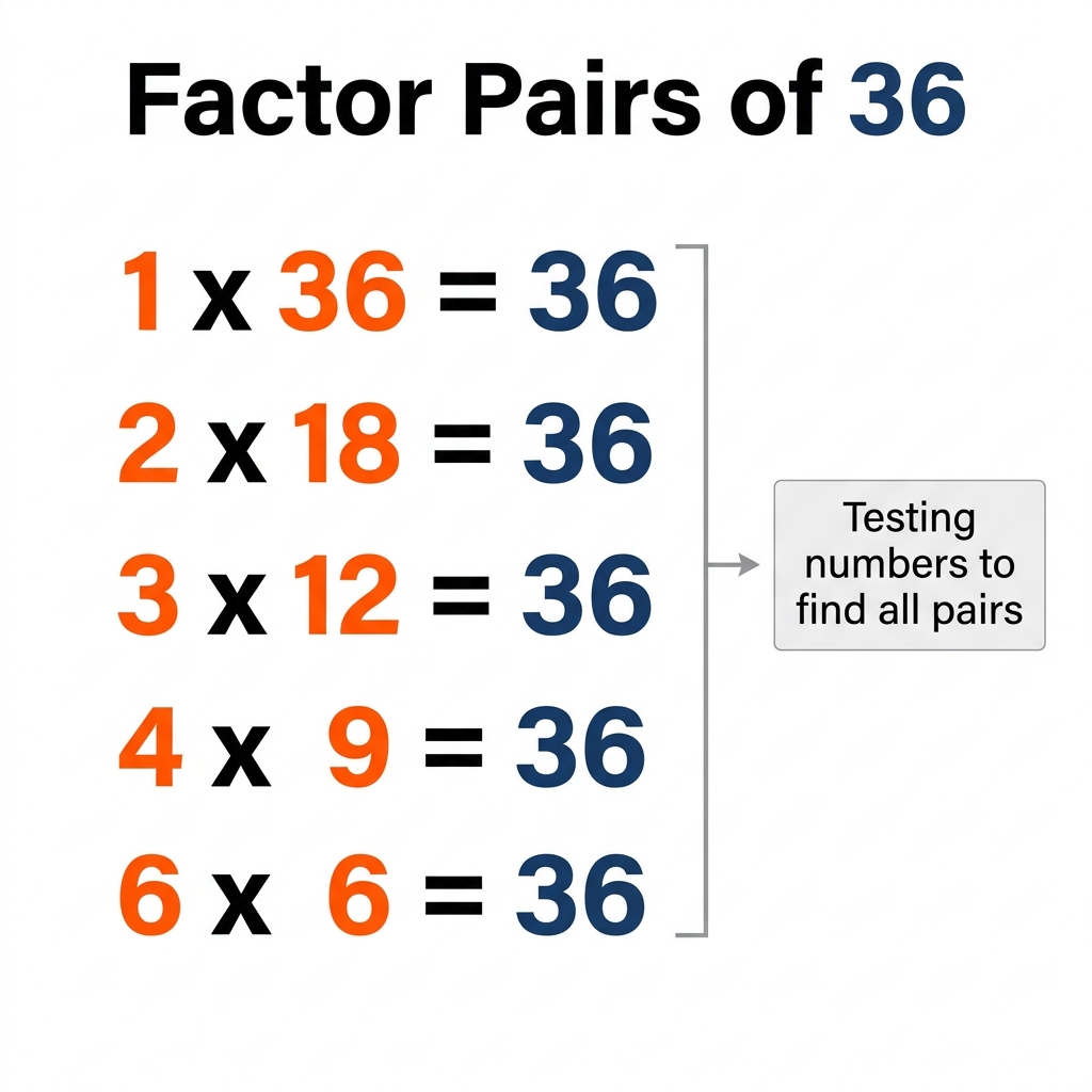 We want to find all factor pairs for 36. Let's figure out how many pairs we can find by testing numbers.